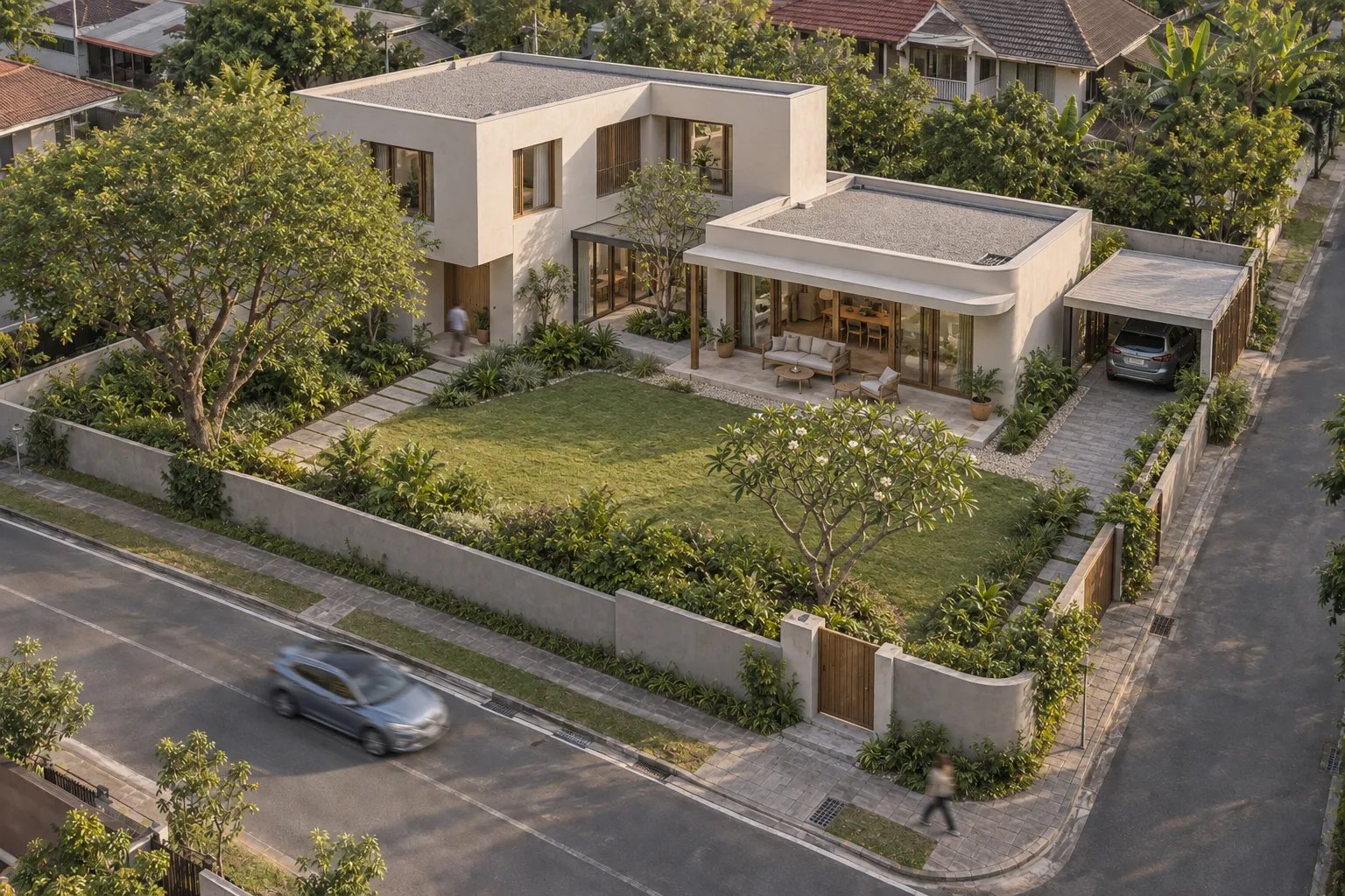 Bird's-eye 3D render: two-storey house on a corner plot with lawn, frangipani tree, carport and surrounding streets