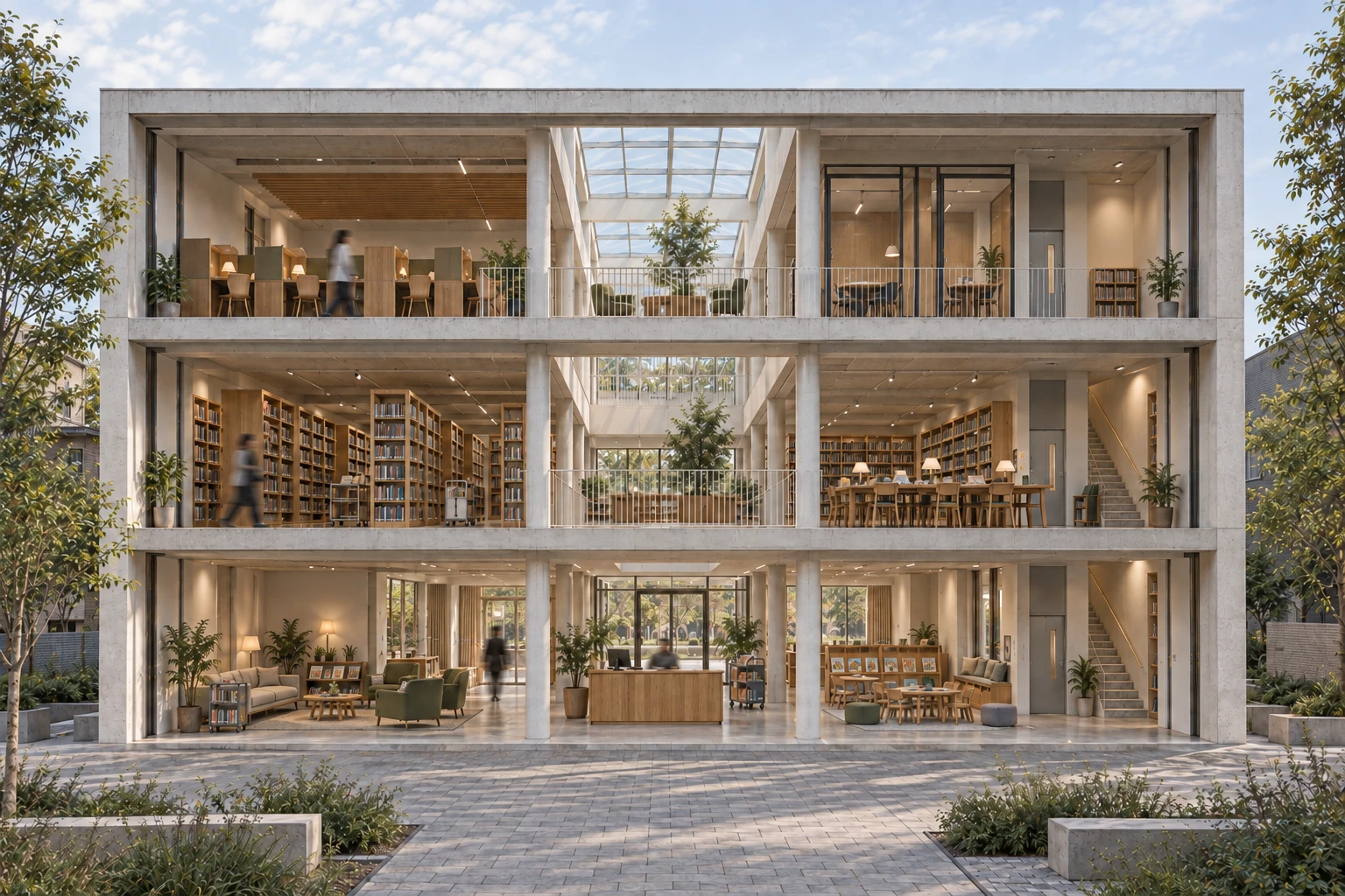 Section perspective render: three-storey library cut open at the front, showing reading rooms, book stacks, a central atrium and stairs on every floor