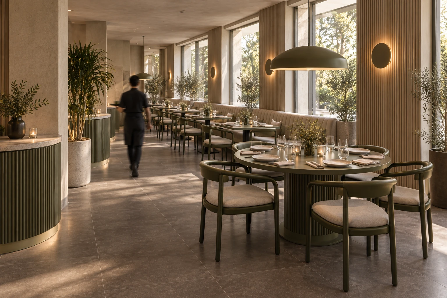 Interior 3D render: restaurant dining room with round table, banquette along the window wall and pendant light
