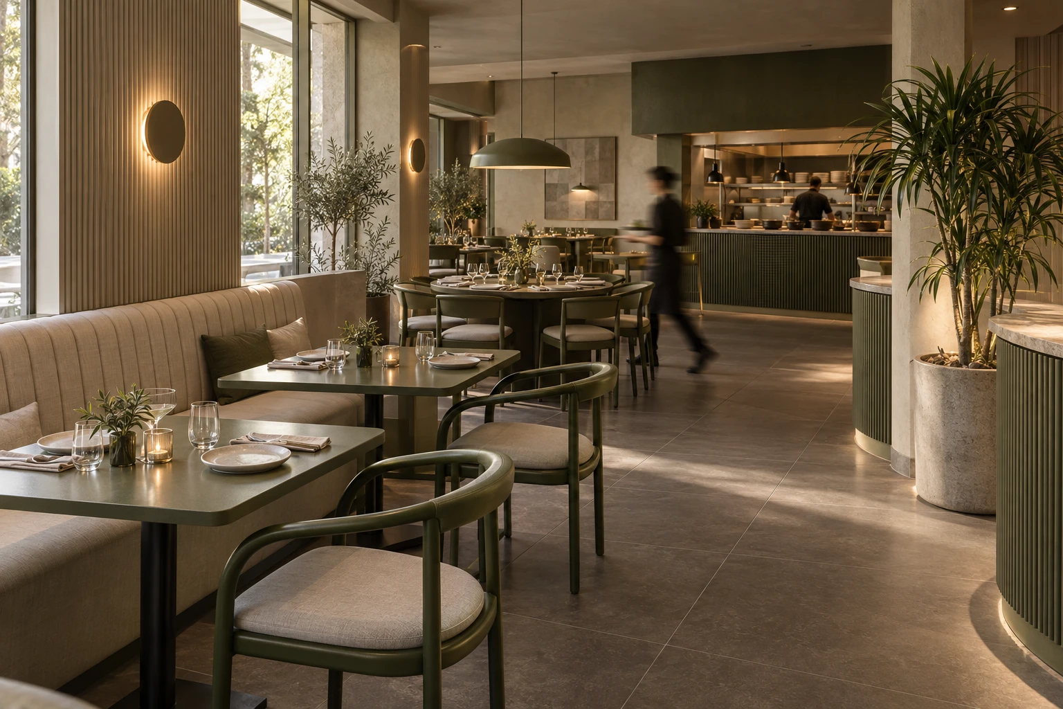 Interior 3D render: garden restaurant with olive-green chairs, banquette seating and an open kitchen
