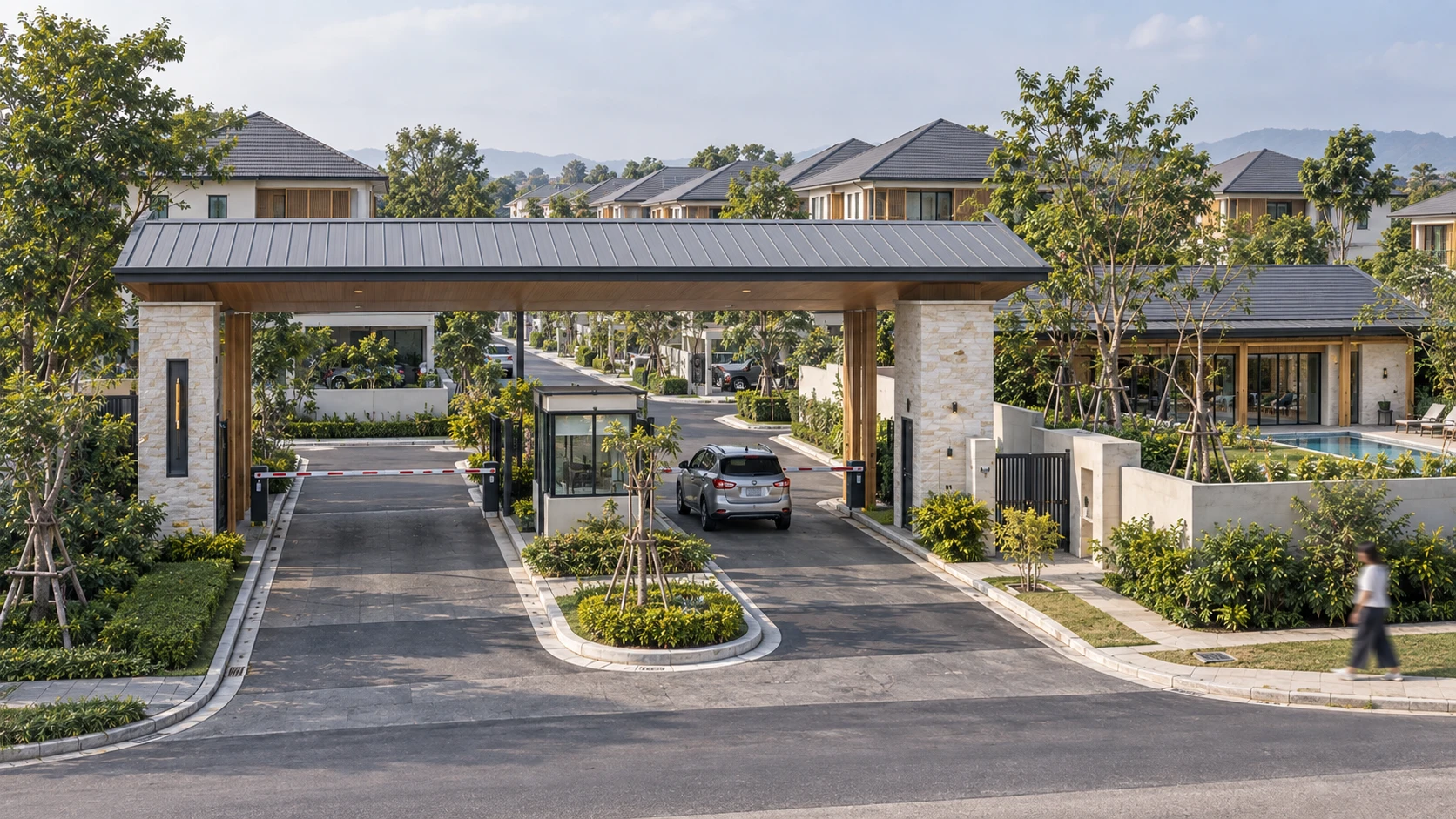 Exterior 3D render: estate entrance gate with stone pillars, timber-lined canopy and guard booth