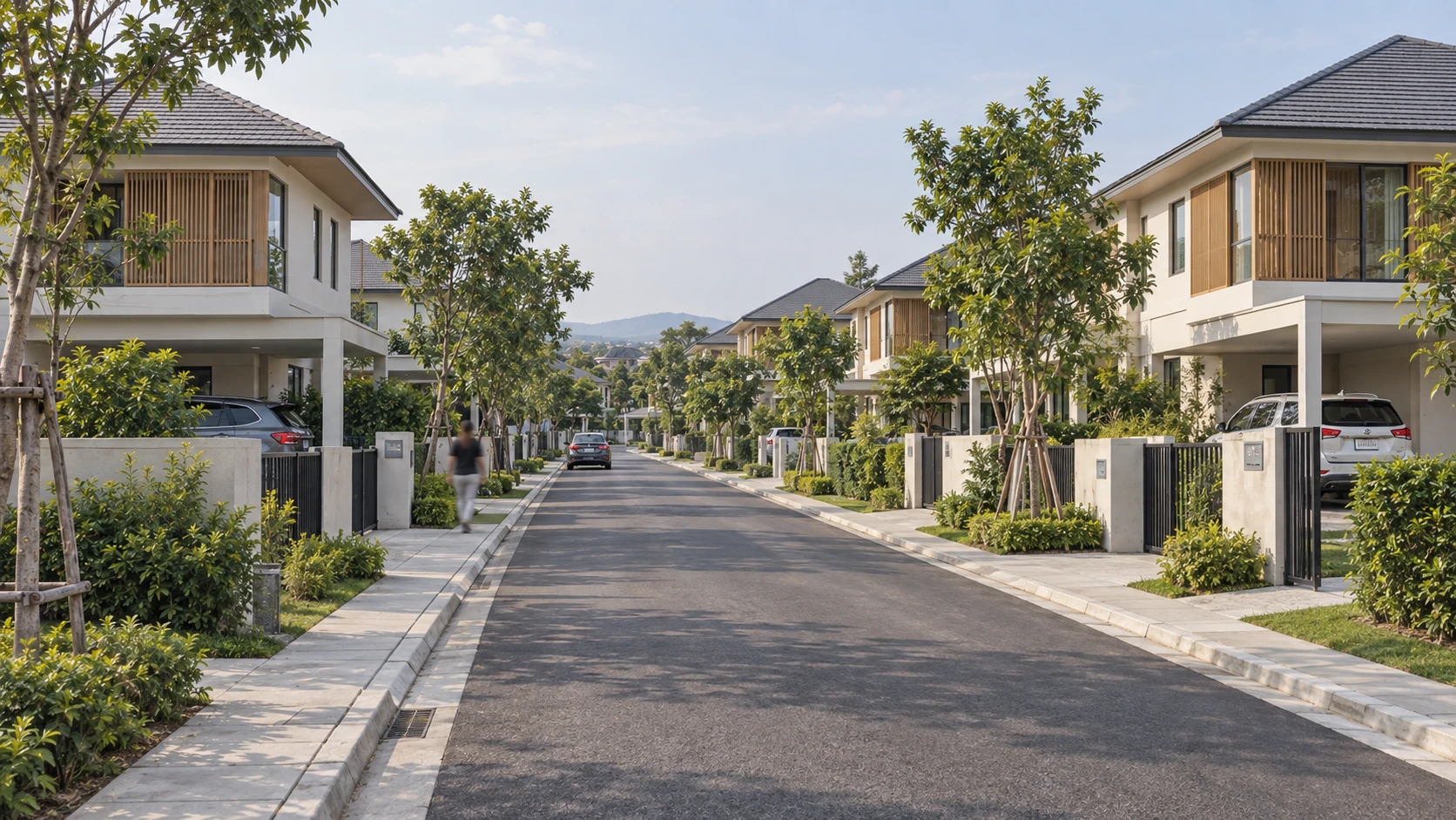 Exterior 3D render: tree-lined residential street with two-storey homes on both sides