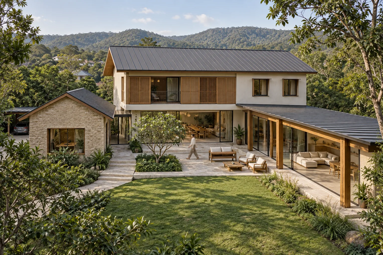 Exterior 3D render: elevated view of the hillside villa, courtyard with frangipani tree and forested hills behind