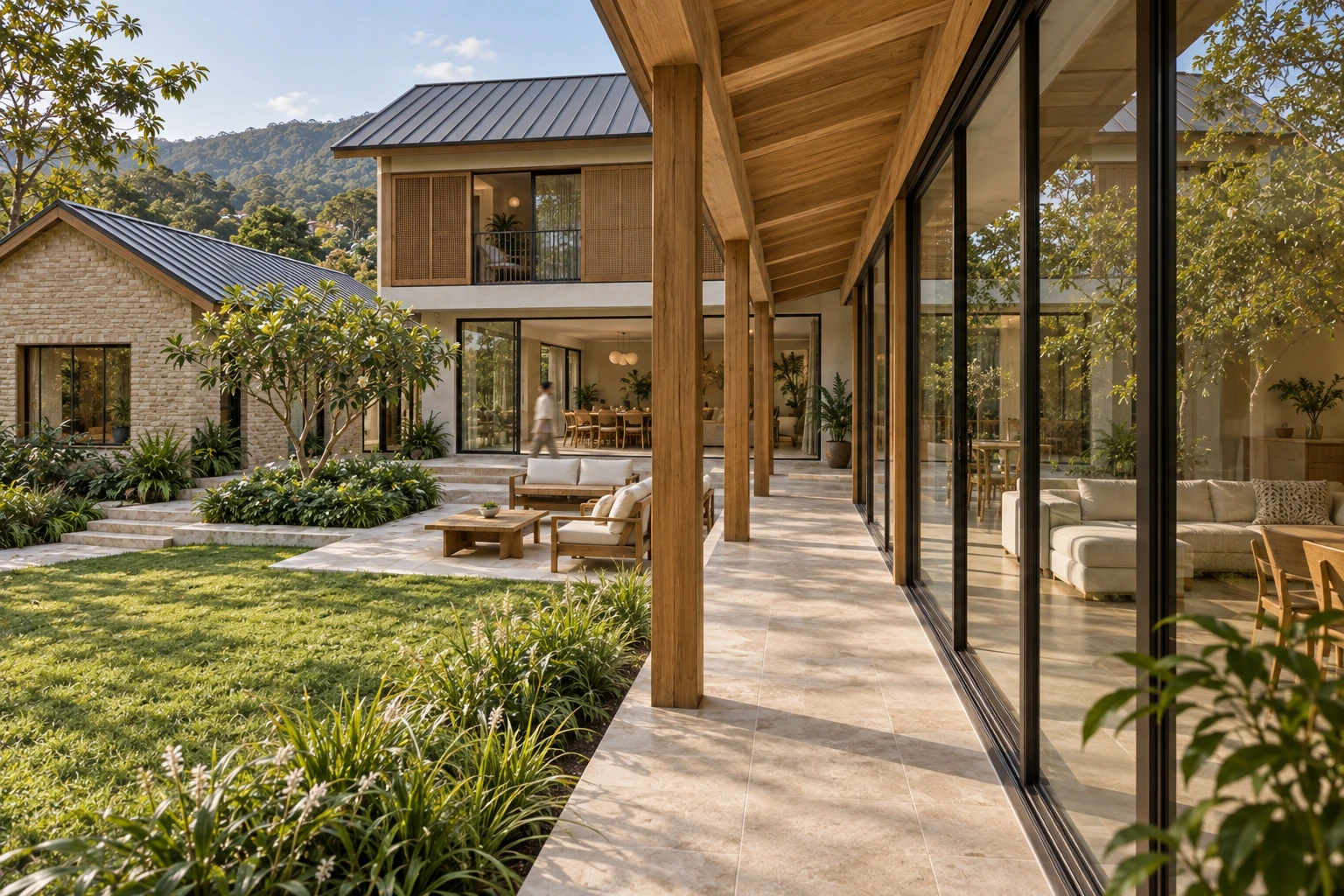 Exterior 3D render: view along the villa's timber-posted veranda and glass sliding doors towards the courtyard