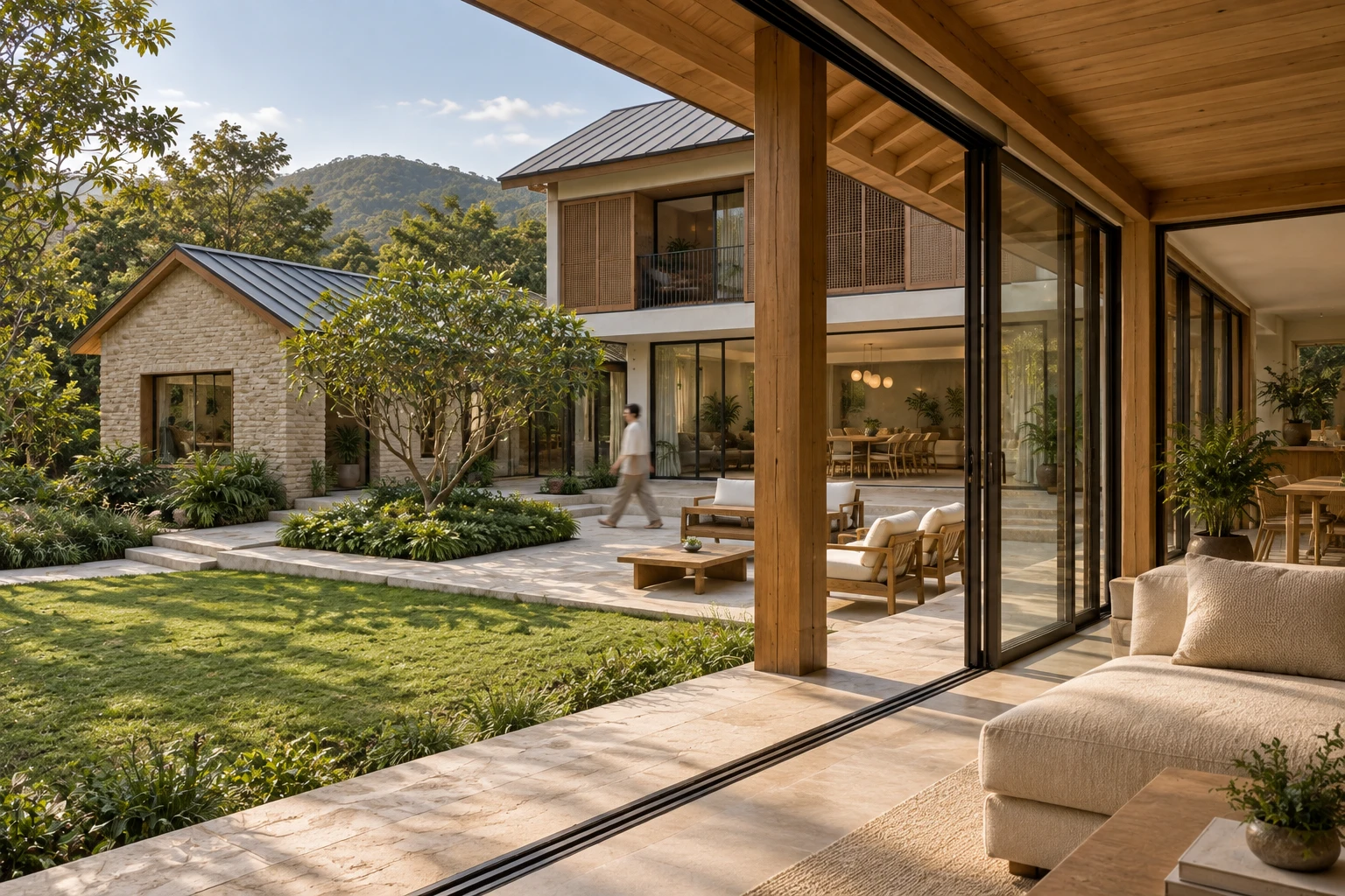 Exterior 3D render: view from the villa's living room through open sliding doors to the terrace and garden